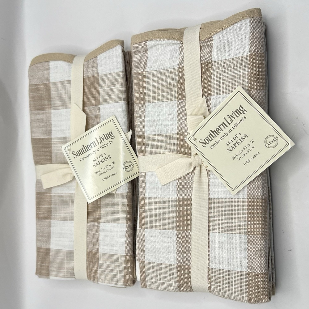 Two Southern Living Dillard's Cotton Napkin Sets Of 4 Natural Check Cottagecore